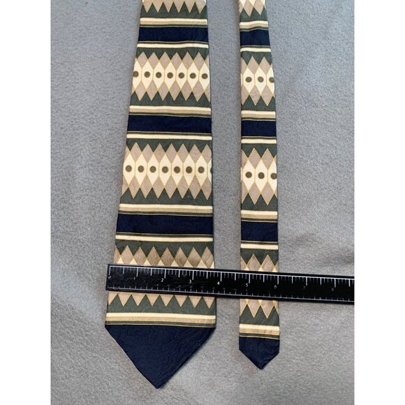 Vintage Halston Mens Silk Necktie Geometric Pattern Navy Tan Green Tie - Picture 2 of 5
